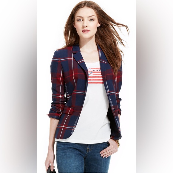 ⭐️ Tommy Hilfiger Plaid 2 Button Blazer Jacket size 8 - Picture 1 of 12